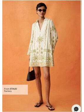 Women's Anaya Mini Dress XL White Green Palm Tree Embroidered Tunic